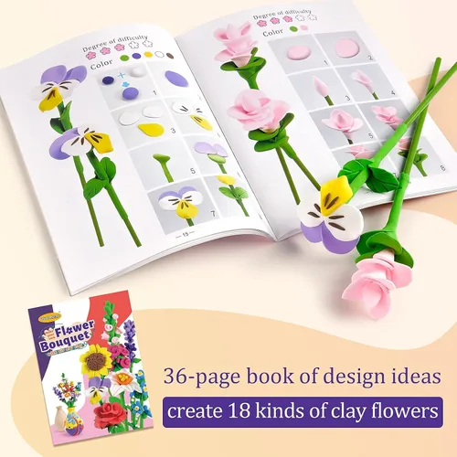 Vista 4 de Drama Planet Kit de manualidades de flores para niños, haz tu propio ramo de flores con arcilla seca al aire, organiza flores de arcilla y crea arte