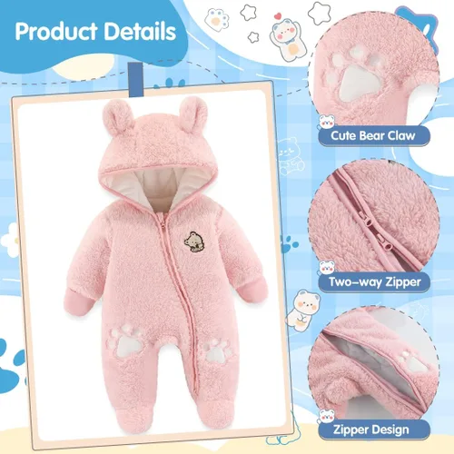 Vista 3 de Fairy Baby Traje de nieve para bebé recién nacido, con oso y mameluco de forro polar grueso, abrigo infantil para niñas y niños de 0 a 12 meses