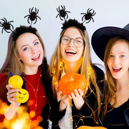 Vista 5 de KOLONAMS Diademas de Halloween de araña negra con purpurina para el pelo de Halloween, sombrero de aro para el pelo de Halloween, desfile, fiesta