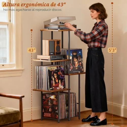 Vista 2 de Soporte para Tocadiscos, Soporte de Almacenamiento de Discos de Vinilo con Estante de Exhibición, Mesa de Soporte para Tocadiscos con Divisores