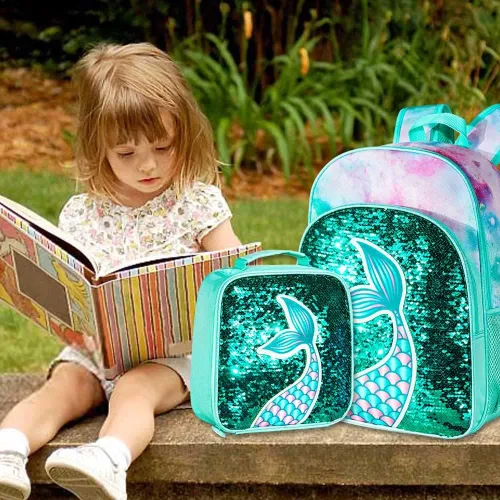 Vista 4 de 3 mochilas para niñas, 16 pulgadas con lentejuelas para preescolar y lonchera