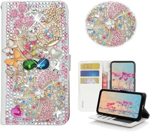Vista 6 de Bling - Funda tipo cartera para teléfono compatible con Samsung Galaxy Z Fold 3 5G, elegante, hecha a mano, atrapasueños con colgante de perlas