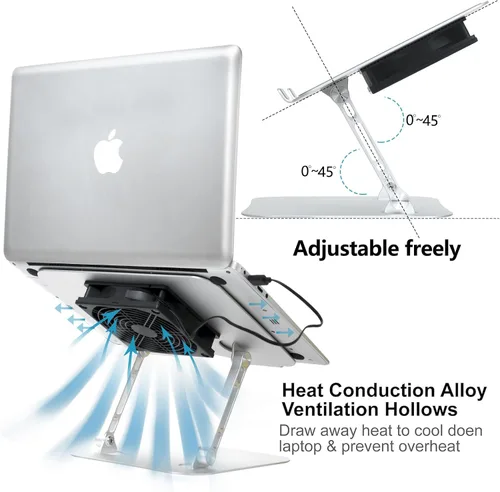 Vista 6 de Soporte ajustable para laptop con ventilador de refrigeración, soporte de computadora multiángulo de aleación de aluminio para escritorio, soporte