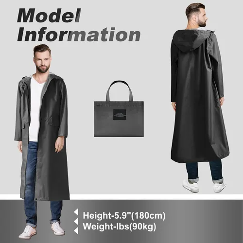 Vista 6 de LAMA Impermeable largo con capucha para mujer, impermeable de longitud completa con bolsillo y cremallera, ropa impermeable plegable, impermeable