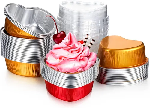 Vista 10 de Honeydak 50 juegos de moldes para tartas en forma de corazón de San Valentín con tapas, de papel de aluminio, 3.4 onzas, mini tazas desechables