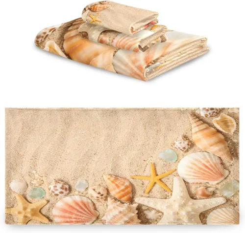 Vista 2 de ALAZA Juego de 3 toallas de playa con diseño de estrellas de mar en la playa, toalla de mano, toalla de baño, toalla suave y fina para invitados