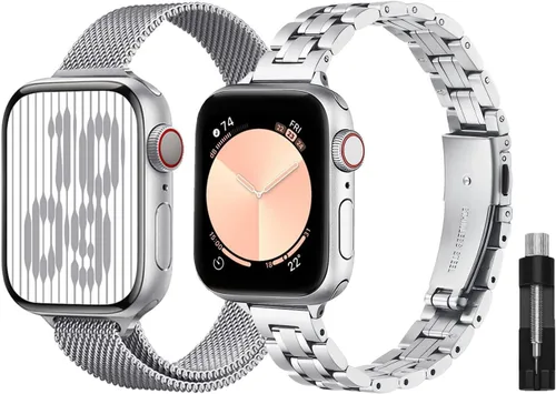 Vista 12 de Paquete de 2 correas de metal compatibles con Apple Watch Band 38/40/41/42/44/45/46/1.929 in, acero inoxidable y malla milanesa para iWatch Band