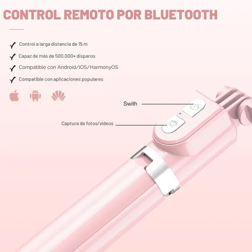 Vista 4 de Palo selfie con control remoto recargable y luz (1 unidad), trípode para iPhone, soporte de teléfono celular para grabación de video, accesorios