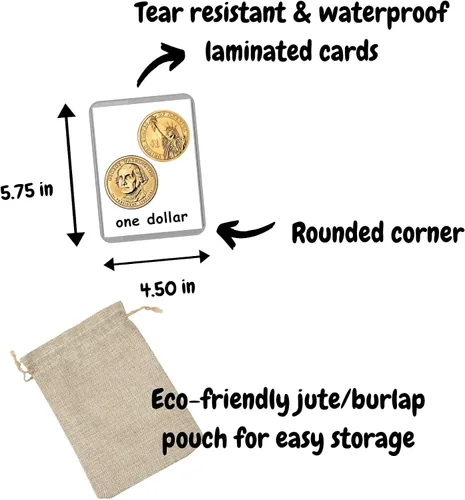 Vista 4 de Generic Tarjetas flash de dinero 17 tarjetas Montessori Tarjetas flash de monedas y billetes estadounidenses Aprendizaje de preescolar
