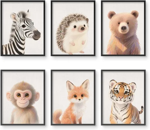 Vista 8 de VOLIX Juego de 6 arte de pared sin marco de animales de la selva para colgar en la pared de la habitación de los niños, guardería, fiesta