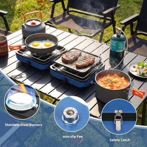 Vista 5 de Hisencn Camping Stove 2 Burner Foldable Propane Camping Stove with Cookware
