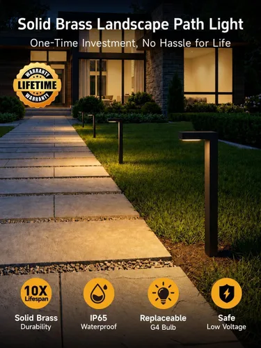 Vista 2 de Gardenreet Luces de camino de paisaje de latón, luces de camino de bajo voltaje de 12 V con cable, luces de jardín al aire libre LED impermeables