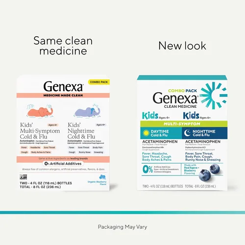Vista 2 de Genexa Alivio Limpio del Resfriado y la Gripe Día/Noche Multisíntoma para Niños, Sin Colorantes, 0% Aditivos Artificiales, Medicina Líquida