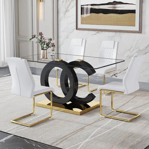 Vista 13 de Ebullient - Juego de mesa de comedor de vidrio para 4, juego de mesa y sillas de 5 piezas, mesa de comedor rectangular moderna con tapa de vidrio