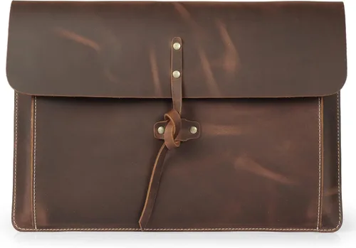 Vista 13 de Londo Funda de cuero de grano real para MacBook Pro y MacBook Air, bolsillo frontal y cierre de solapa, 14 pulgadas - 13 pulgadas