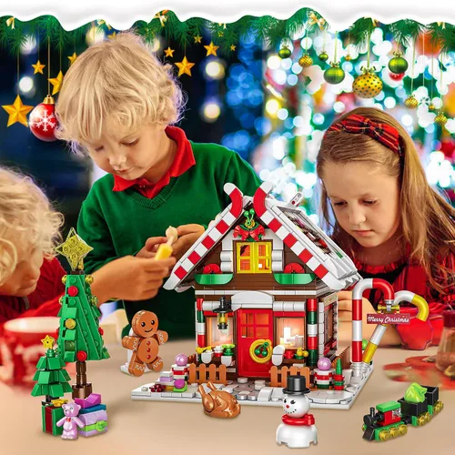 Vista 4 de Edificio de casa de pan de jengibre de Navidad, juego de construcción de casa de pueblo navideño, contiene árbol de Navidad y tren, juguete