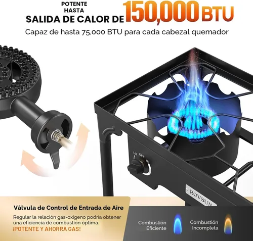 Vista 2 de ROVSUN Estufa de gas de propano portátil para exteriores con 2 quemadores, 150,000 BTU de alta presión, estufa de pie para cocinar en el patio