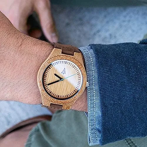 Vista 3 de treehut Reloj de bambú de madera para hombre con correa de cuero marrón genuino..., Marrón Natural 4, Reloj de cuarzo