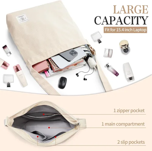Vista 3 de KALIDI Bolso de mano de pana para mujer, estilo casual, con cremallera, grande, bandolera, bolso de hombro, bolso de trabajo a la moda para mujer