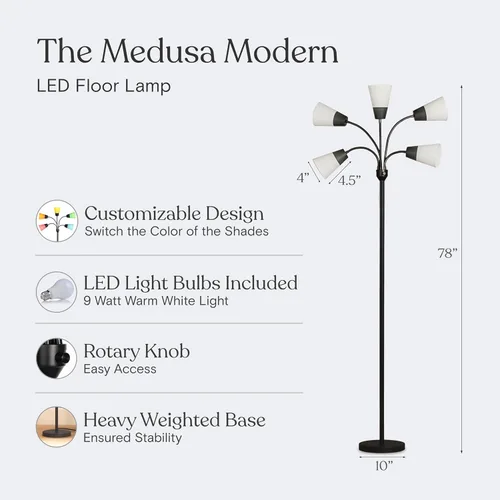 Vista 3 de Brightech Medusa - Lámpara de pie LED moderna – Lámpara de pie de múltiples cabezales para salas de estar y oficinas – Lámpara alta con pantalla