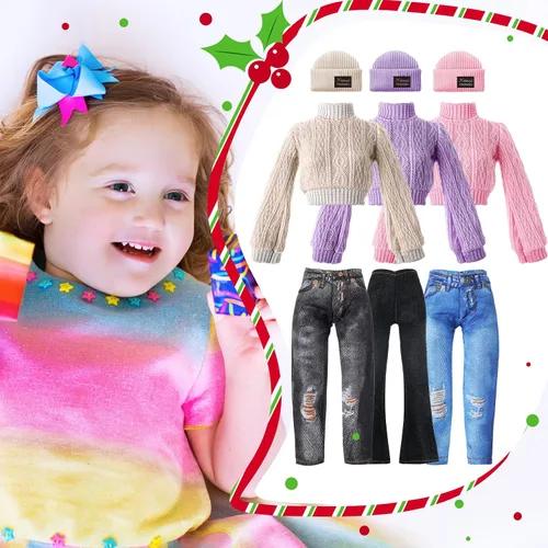 Vista 6 de Fourluoo 6 piezas de ropa de muñeca de invierno de 11.8 pulgadas, conjunto de accesorios de muñeca de moda, suéteres, pantalones de mezclilla, ropa
