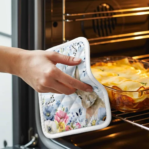 Vista 3 de Juego de soportes para ollas de Pascua azules para cocina, platos de sartén para horno, tapete a prueba de calor con lazo para colgar, agarraderas