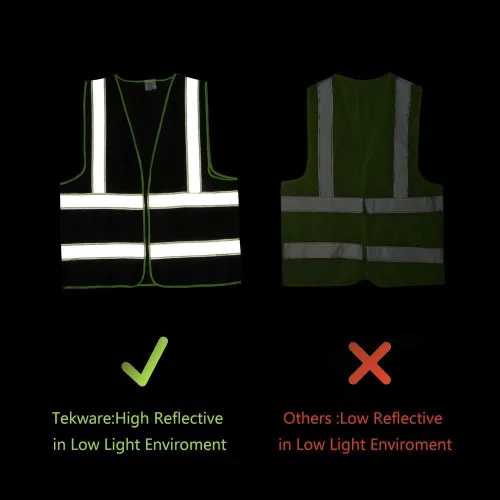 Vista 2 de Tekware Chaleco de seguridad con tiras altamente reflectantes, paquete de 10 protectores de construcción de color neón brillante con cremallera Negro