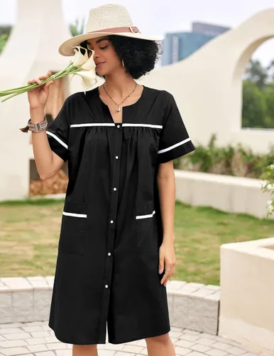 Vista 2 de Ekouaer Ropa de dormir para mujeres, camisón con broches frontales, bata de casa de algodón, manga corta, vestido de casa