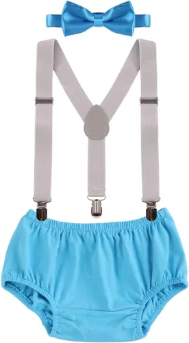 Vista 23 de Conjunto de ropa para festejar el primer cumpleaños de bebés, calzón pañalero con tirantes y corbata de moño. Beige & Blue