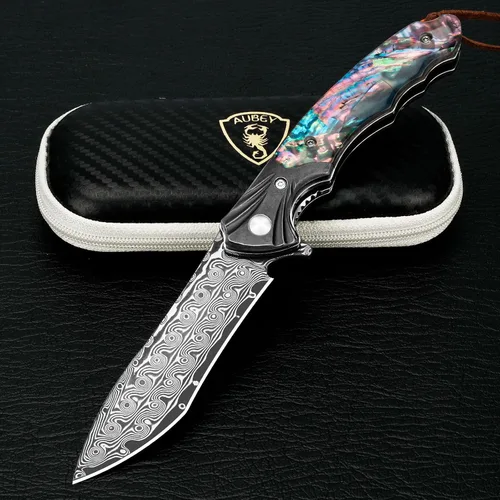 Vista 12 de Cuchillo de bolsillo de Damasco AUBEY con clip, cuchillos plegables con hoja de acero Damasco VG10, mango de madera, cuchillos EDC plegables