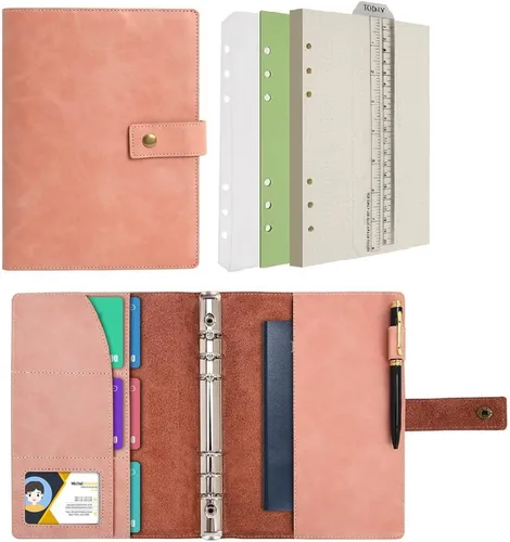 Vista 11 de WONDERPOOL Cuaderno de cuero recargable, cuaderno en espiral, carpeta de carpetas de diario A5 con puntos y bolsillos interiores para viajes, Marrón