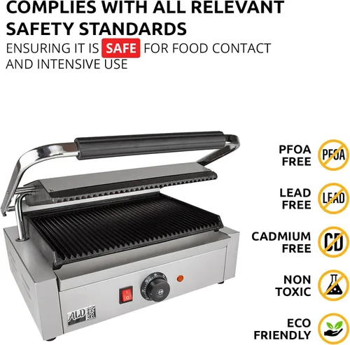 Vista 5 de ALDKitchen Panini Sandwich Press Grill Durable Stainless Steel Construction 110V (Ribbed 9" x 14")