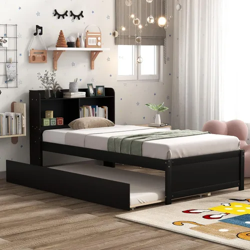 Vista 18 de HomSof Cama individual con 2 cajones, madera maciza, no necesita somier, gris
