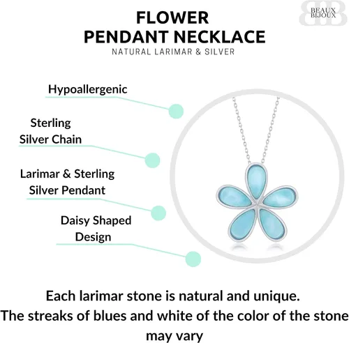 Vista 4 de Beaux Bijoux Colgante de plata de ley con piedra preciosa natural de larimar caribeña, con margaritas, 18 pulgadas, collar de joyería para mujeres