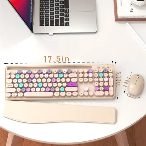 Vista 6 de Combo de teclado y mouse inalámbricos con soporte para teléfono (caqui) MPTOG Colorful Typewriter Keys with Wrist Rest, 2.4GHz Wireless