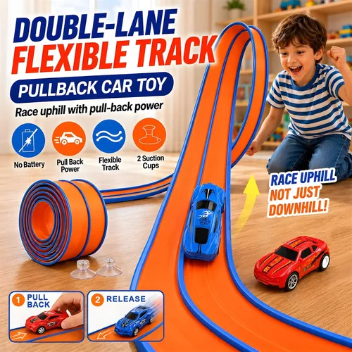 Vista 2 de 15FT Race Track, 2 High-Speed Pull Back Cars, Fits Hot Wheels Cars 15FT flexible double-lane track with 2 suction cups and 2 high-speed pull-back