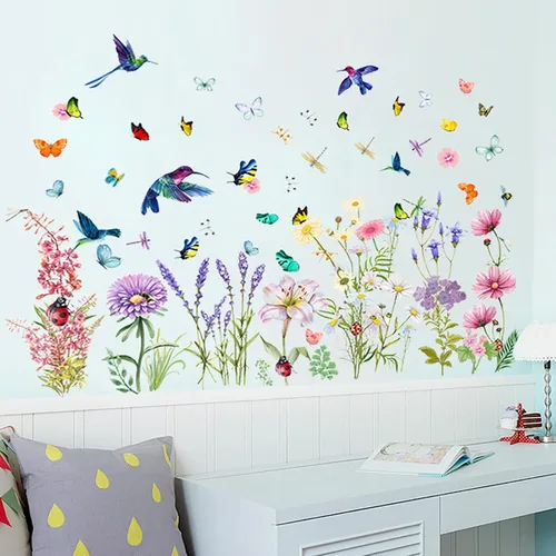 Vista 6 de Calcomanías de flores de primavera, crisantemos, lirio de lavanda, pájaros, mariposas, libélulas, mariquitas, calcomanías de pared florales