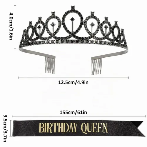 Vista 3 de CAVETEE - Juego de corona y banda de reina de cumpleaños para mujer, banda y tiara de diamantes de imitación, decoraciones de cumpleaños negras Negro