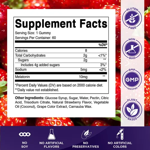 Vista 2 de Vitamatic Melatonina 10 mg por gomita – 60 porciones – 60 gomitas vegetarianas – Suplemento sin hábito