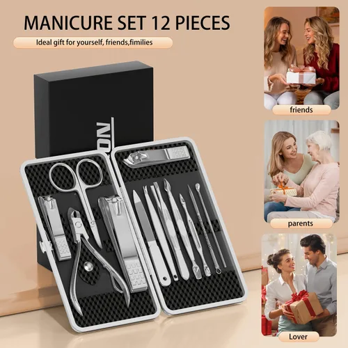 Vista 8 de ZIZZON Kit de manicura y pedicura, cortaúñas, juego de 12 piezas, kit de aseo profesional, herramientas de uñas con lujoso estuche de viaje