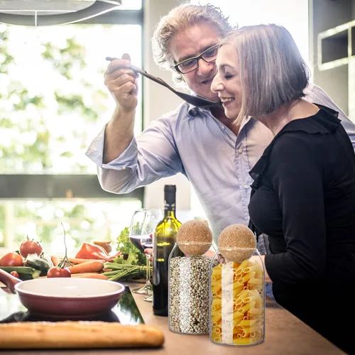 Vista 6 de 2 tarros de vidrio de corcho con tapa de corcho, contenedor de almacenamiento con botellas redondas de bola, recipientes con tapa de madera