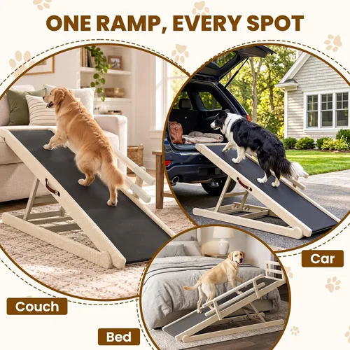 Vista 4 de Rampa para perros para cama, rampa de madera ajustable para mascotas de 46 Beige
