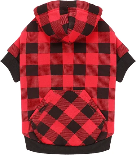 Vista 8 de Suéter para perro, ropa para mascotas a cuadros de búfalo rojo, cálido y suave, transpirable, acogedor con capucha para mascotas pequeñas, suéteres