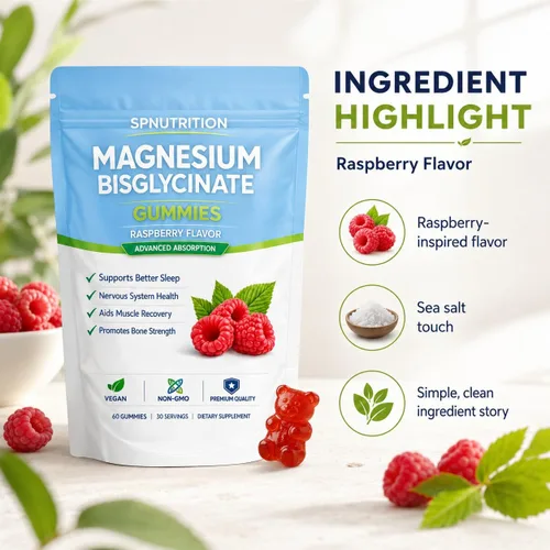 Vista 5 de Spnutrition Gomitas de bisglicinato de magnesio, 400 mg por porción, 60 unidades Sal marina, polvo de fruta de frambuesa, apoyo de bienestar
