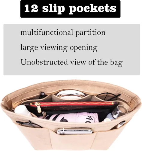 Vista 3 de Organizador de bolso, organizador de bolsa de mano, organizador de bolsa de fieltro con 12 bolsillos, compatible con bolsa, bolsos (negropequeño)