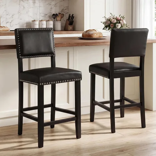 Vista 10 de LSSBOUGHT Taburete de bar tapizado de tela de lino con patas de madera de goma, silla de bar con ribete clavado para isla de cocina