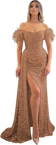 Vista 39 de Vestidos de fiesta de lentejuelas con hombros descubiertos, vestido formal de sirena brillante, vestido largo de fiesta de noche con abertura