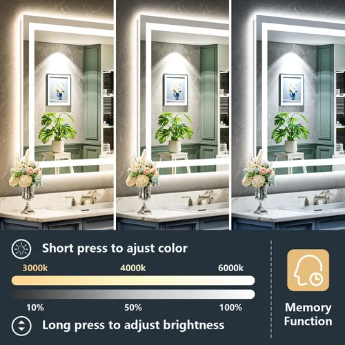 Vista 4 de Espejo de baño LED de 24x30 pulgadas con luces, espejo de tocador frontal y retroiluminado para pared de baño con 3 colores, regulable