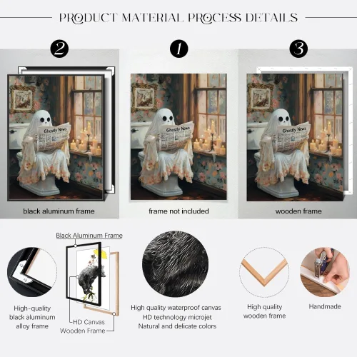 Vista 3 de Divertido arte de pared de fantasmas de Halloween para baño, periódico de lectura de fantasmas en el inodoro, póster de lienzo oscuro caprichoso