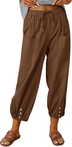 Vista 27 de Pantalones capri de cintura alta con cordón y botón de algodón suelto casual con bolsillos para mujer
